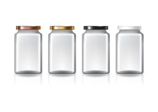 istock Blank clear medium high square jar with 4 colors flat lid for supplements or food product. Isolated on white background with reflection shadow. Ready to use for package design. Vector illustration. 1284236407