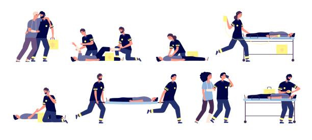 Paramedics. Medical emergency helping, first aid team. Ambulance services, paramedic and affected people. Vector healthcare staff set Paramedics. Medical emergency helping, first aid team. Ambulance services, paramedic and affected people. Vector healthcare staff set. Emergency rescue, paramedic save health person illustration paramedic stock illustrations