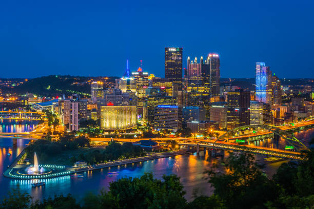 View of the Pittsburgh skyline at night, from Mount Washington, Pittsburgh, Pennsylvania stock photo