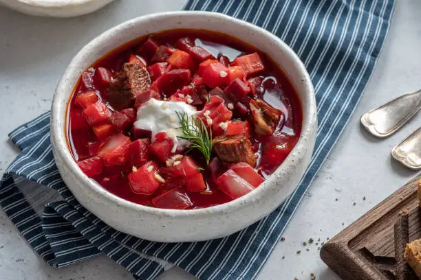 Beetroot soup: Traditional Ukrainian Russian borscht with sour cream