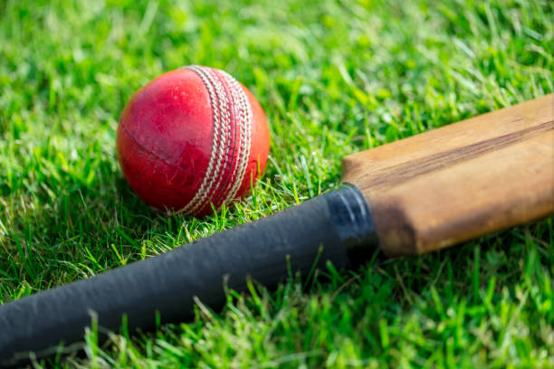 istock Cricket bat and ball on cricket pitch 1284240642