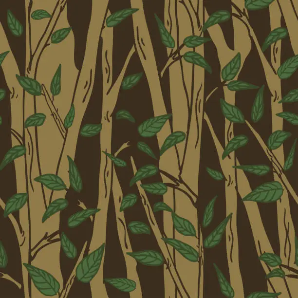 Vector illustration of Seamless vector pattern with trees on brown background. Simple forest wallpaper design. Tree silhouette fashion textile.