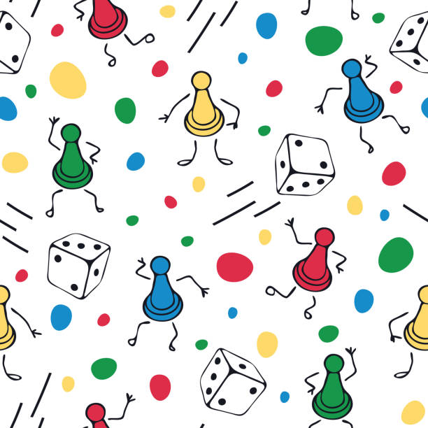 Seamless vector pattern with board game figurines on white background. Simple cartoon wallpaper design for children. Game night fashion textile. Repeat vector pattern with board game pieces on white background. Cartoon wallpaper design for children. board games stock illustrations