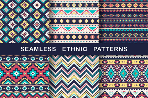 Ethnic seamless patterns. Set of aztec geometric backgrounds. Collection of stylish navajo fabric. Tribal modern abstract vector illustration.