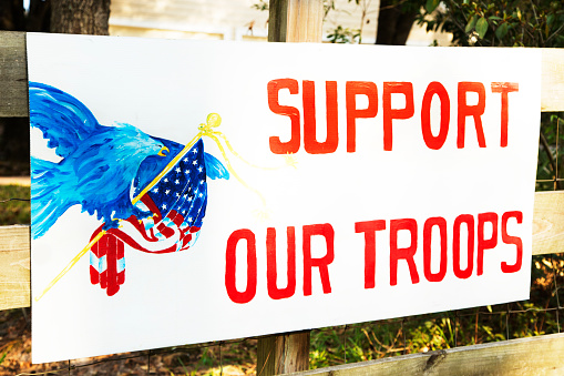 Patriotic banner for Veterans' Day or Memorial Day or just any time you want to show support for our Military.  It is the SOLDIER that gives us our freedoms, who defends the Constitution and is willing to give their life for those freedoms.  Homemade sign.