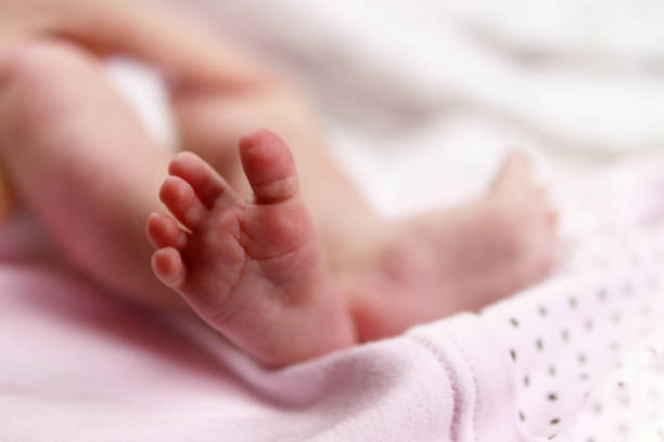 istock infant, Newborn baby's feet on blanket closeup. Selective focus 1284245803