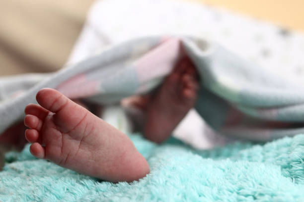 istock infant, Newborn baby's feet on blanket closeup 1284245969
