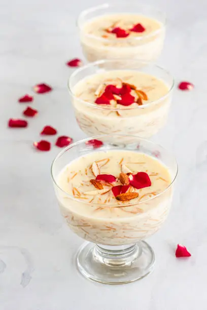 Vermicelli Pudding Garnished wiith Rose Petals on White Background