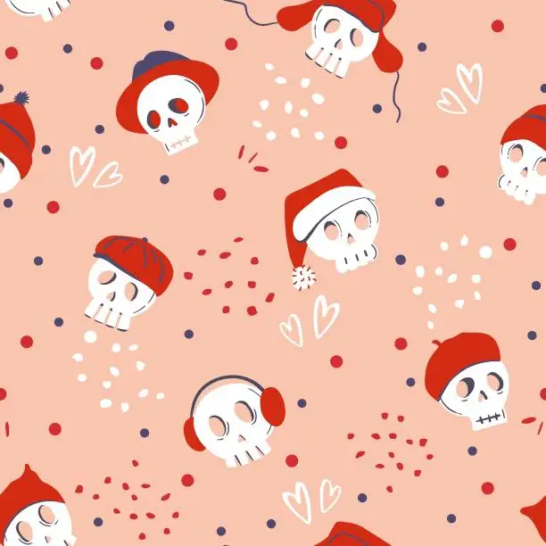 Vector illustration of Seamless pattern with skull wearing various red hats on pink background