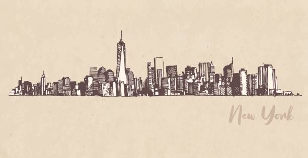 Sketch of Manhattan New York on Kraft paper New York United States of America, engraved vector illustration, hand drawn, sketch new york skyline drawing stock illustrations