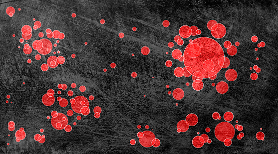 Pandemic background made of red clusters spreading on a dark textured background.