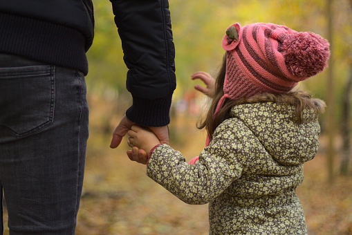 Little  girl holding hands with her father  outside, \nin the autumn season.
