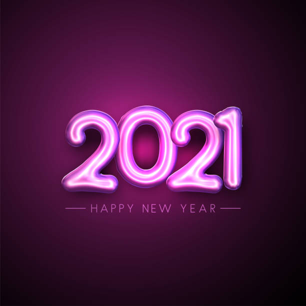 istock Pink foil balloon 2021 sign on purple background. 1284259369