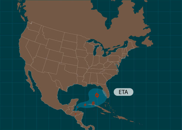 허리케인 eta는 미국으로 이동합니다. 열대 성 폭풍 eta 플로리다, 중앙 아메리카로 향했다. 세계지도. 벡터 그림입니다. eps 10 - hurricane florida stock illustrations