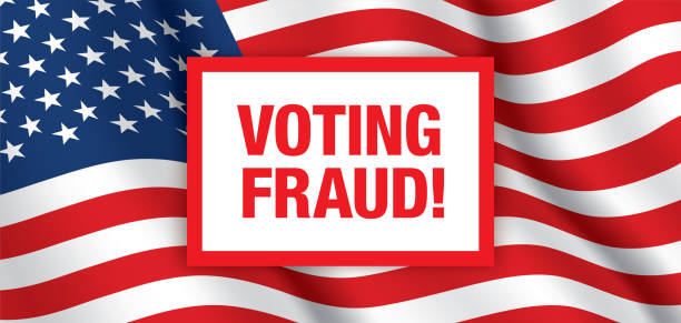 USA voting fraud protesting vector banner. Voting fraud vector banner, with waving USA flag background. Electoral fraud horizontal design, with a red warning sign. Protesting poster, for Presidential elections in the United States of America. election fraud stock illustrations