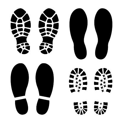 Traces of human shoes sole silhouette black. Icon or sign for printing. Flat style. Isolated on a white background. Vector illustration