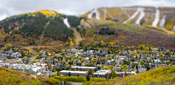 Park City, Utah USA - October 8, 2018 : Evening street shot of Park City Utah and the surround ski resorts. Park City was a small mining town in 1800's . Now it is one of the best ski resort town in Utah. Also known for the Sundance Film Festival in every January.