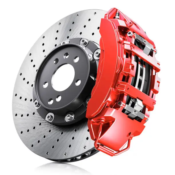 Car brakes, red caliper isolated on white background 3d