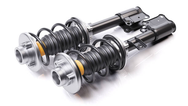 Pair of car shock absorbers with springs. Suspension components. Pair of car shock absorbers with springs. Suspension components. 3D render shock absorber stock pictures, royalty-free photos & images