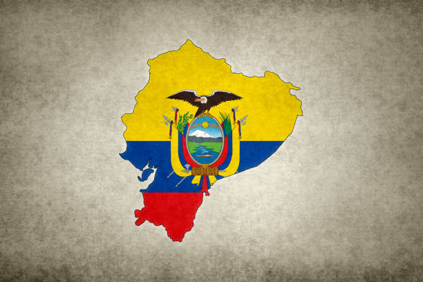 Grunge map of Ecuador (without the Galápagos Islands) with its flag printed within its border on an old paper.