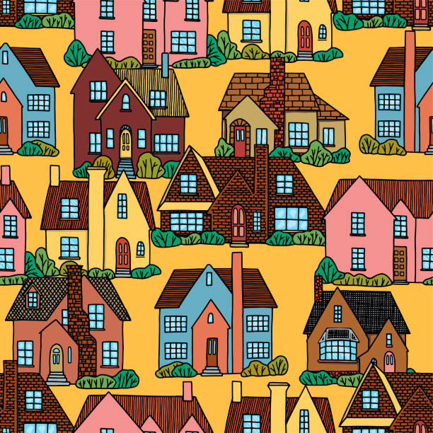 istock Hand drawn vector seamless pattern. Lovely houses. Cozy home, homestead, cottage, villa. Flat cartoon drawing. Colorful background in vintage style. For design, wallpaper, textile, fabric, print, wrap 1284270901