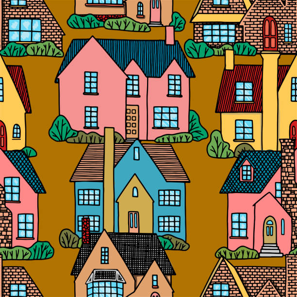 istock Hand drawn vector seamless pattern. Lovely houses. Cozy home, homestead, cottage, villa. Flat cartoon drawing. Colorful background in vintage style. For design, wallpaper, textile, fabric, print, wrap 1284270902