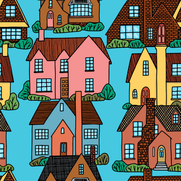 istock Hand drawn vector seamless pattern. Lovely houses. Cozy home, homestead, cottage, villa. Flat cartoon drawing. Colorful background in vintage style. For design, wallpaper, textile, fabric, print, wrap 1284270911