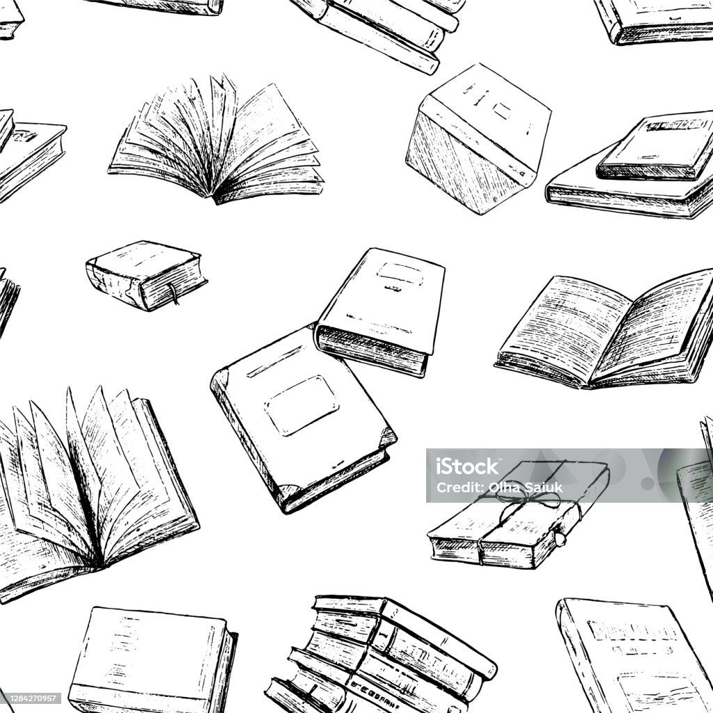 Books Vector Seamless Pattern Love Of Reading Vintage Hand Drawn Background  Monochrome Abstract Wallpaper In Sketch Style Boho Design For Wrapping  Paper Print Fabric Textile Card Scrapbooking Stock Illustration - Download  Image