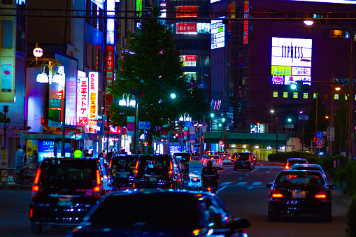 A night neon street in Shinjuku long shot. Shinjuku district Shinjuku Tokyo / Japan - 10.29.2020