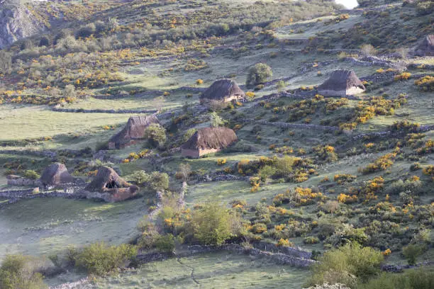 old stone and straw huts called "teitos" in Valle de Lago, Asturias, Spain