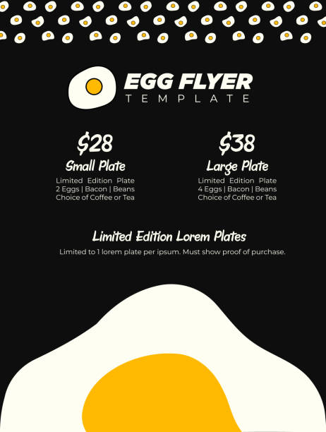 ilustrações, clipart, desenhos animados e ícones de menu de brunch moderno ou café da manhã ovos promo flyer ou pôster de folheto sobre fundo preto com gema de ovo gigante - sunny side up