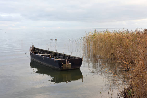 An old fishing boat stranded on the bank of the Curonian Lagoon, Lithuania