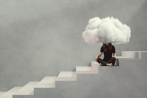 Abstract thinking teenage woman sitting on the concrete stairs, 3D generated image.
