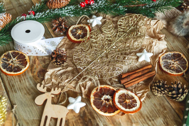 istock The Christmas accessories on wooden background 1284276285