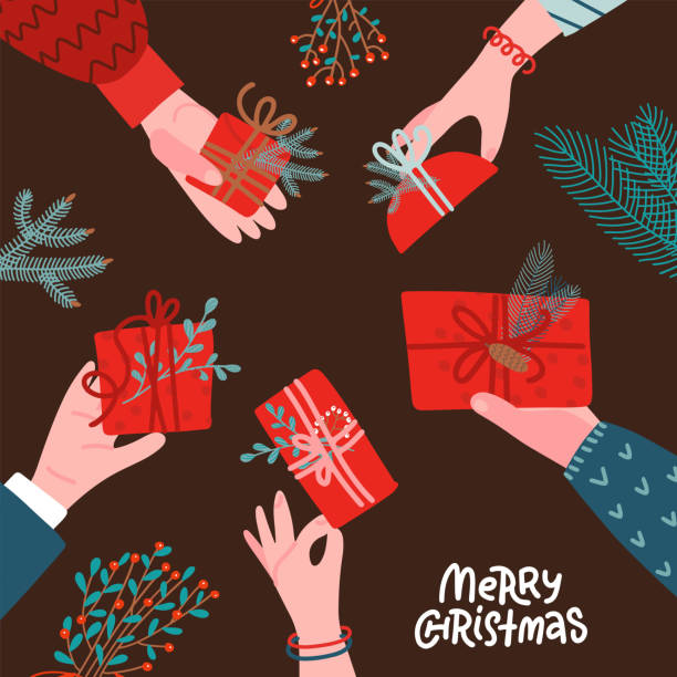 istock Many human hands giving present, for Christmas, anniversary theme and background. top view. Circle of hands decorated with floral branches.. Simple flat vector illustration. 1284276487