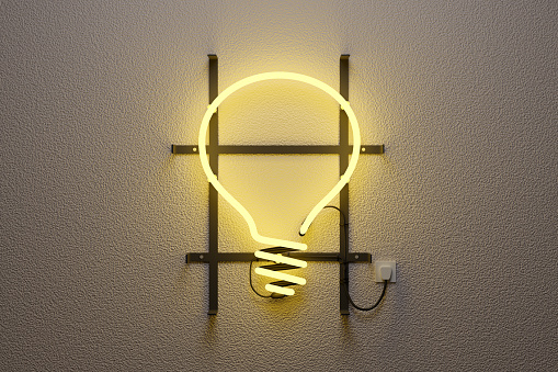 Realistic 3d illustration of yellow neon light with light bulb shape. Idea concept. 3d illustration.