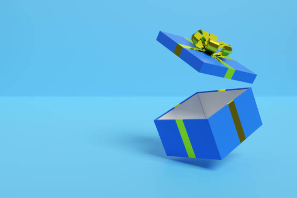 istock Blue gift box with golden bow isolated on a blue background. 3d illustration. 1284276758