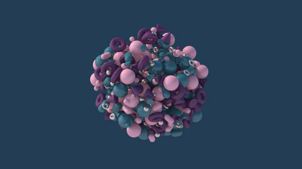 istock Pink, blue, violet geometric shapes. Big colorful sphere. Abstract illustration, 3d render. 1284278207