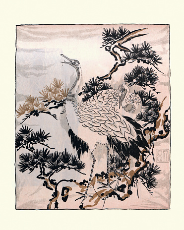 Vintage illustration of Example of a Japanese Fukusa, Cranes, 19th Century. Fukusa are a type of Japanese textile used for gift-wrapping or for purifying equipment during a Japanese tea ceremony.