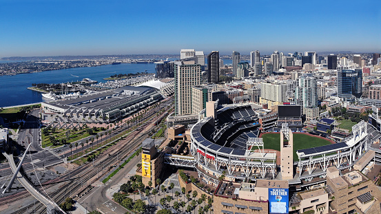 San Diego, California, United States: 11/04/2020 - Downtown, the convention center and the marina in the background