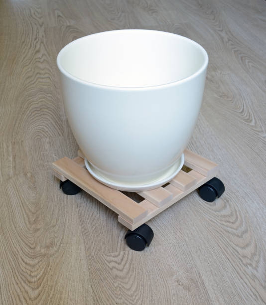Wooden stand with wheels for flower pots on the floor