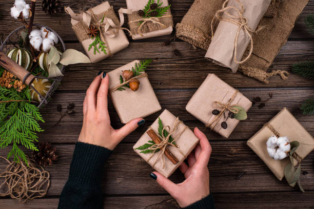 istock Christmas gift boxes in craft paper 1284283377