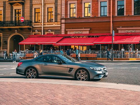 September 30, 2020, Saint Petersburg, Russia. Silver Mercedes AMG E63 S 4MATIC car parked on a street in Saint Petersburg.
