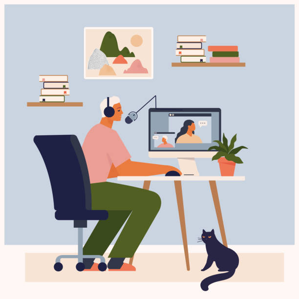 Stay at home, recording podcast show. Male radio host speaking into microphone. Podcaster making content. Social media broadcasting. Blogger workspace. Cute man sitting at table vector illustration. vector art illustration