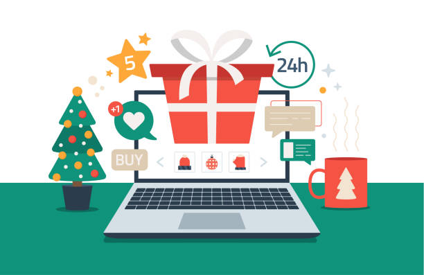 Christmas online shopping. Flat cartoon vector illustration with laptop screen with red gift box, spruce, cup on the desk, winter holidays sales. Christmas due coronavirus Christmas online shopping. Flat cartoon vector illustration with laptop screen with red gift box, spruce, cup on the desk, winter holidays sales. Christmas due coronavirus holiday shopping stock illustrations