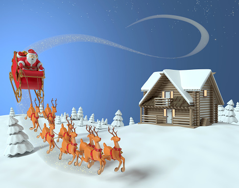Santa Clause is flying with his sleigh with reindeers to give his gifts. New year, Christmas and Chinese New Year concept. Easy to crop for all your social media or print sizes.