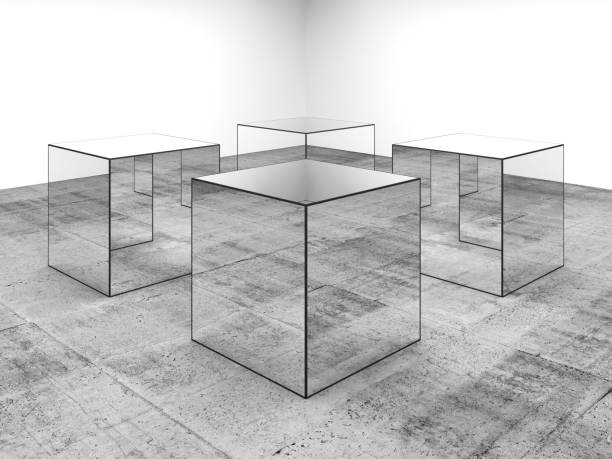 Four mirror cubes stand in white room interior, 3d art