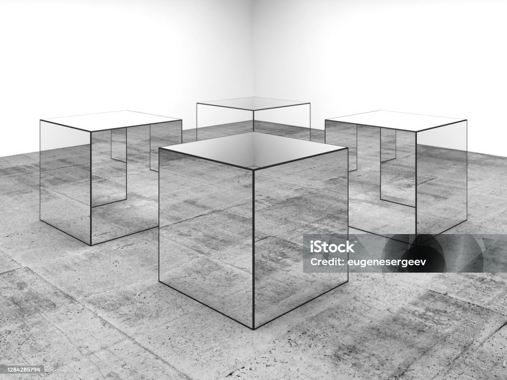 Four mirror cubes stand in white room interior, 3d art Four mirror cubes stand in white room interior with gray concrete floor, abstract installation art, 3d rendering illustration Mirror - Object Stock Photo