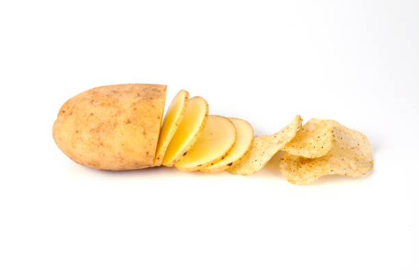 istock Raw sliced potato and potato chips isolated over white background 1284289980