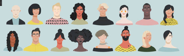 Beautiful people portraits set Beautiful people portrait -hand drawn flat style vector design concept illustration of a young people, men and women, face and shoulders avatar, various races and nationalities. Flat style vector icon african american male model stock illustrations